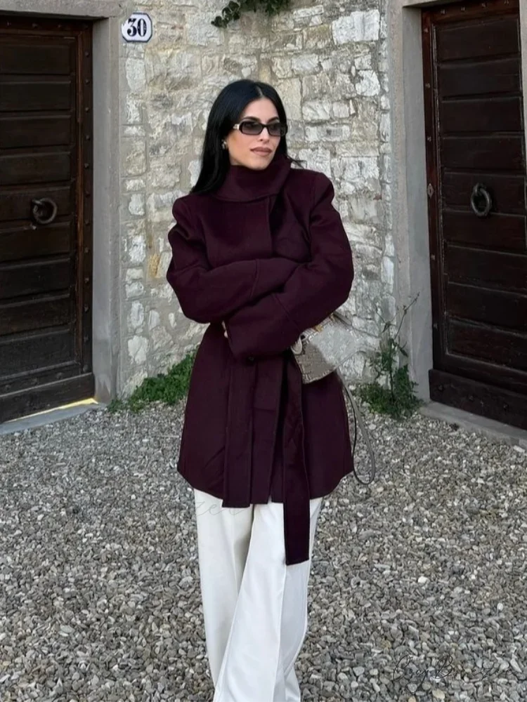 Burgundy Lace-Up Wool Coat