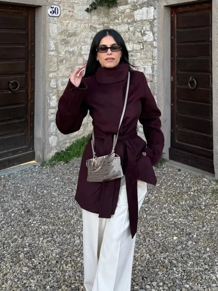 Burgundy Lace-Up Wool Coat