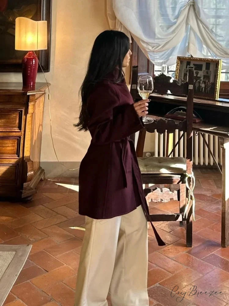 Burgundy Lace-Up Wool Coat