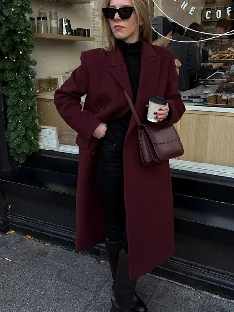 Burgundy Lapel Woolen Double-Breasted Coat Dark red / S overcoats-241228