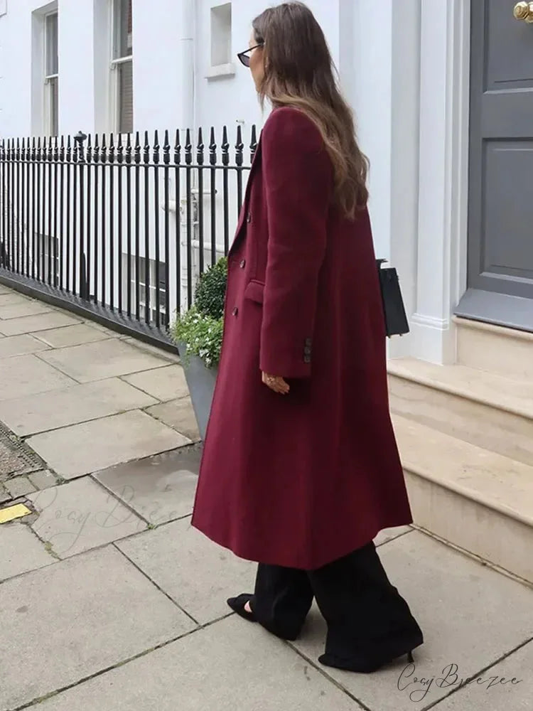 Burgundy Lapel Woolen Double-Breasted Coat overcoats-241228