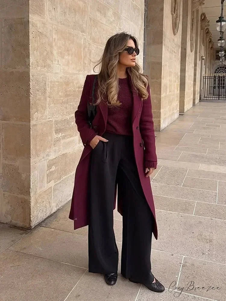 Burgundy Lapel Woolen Double-Breasted Coat overcoats-241228