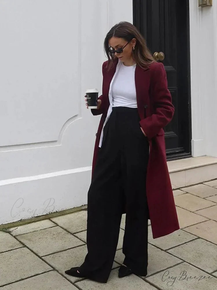 Burgundy Lapel Woolen Double-Breasted Coat overcoats-241228
