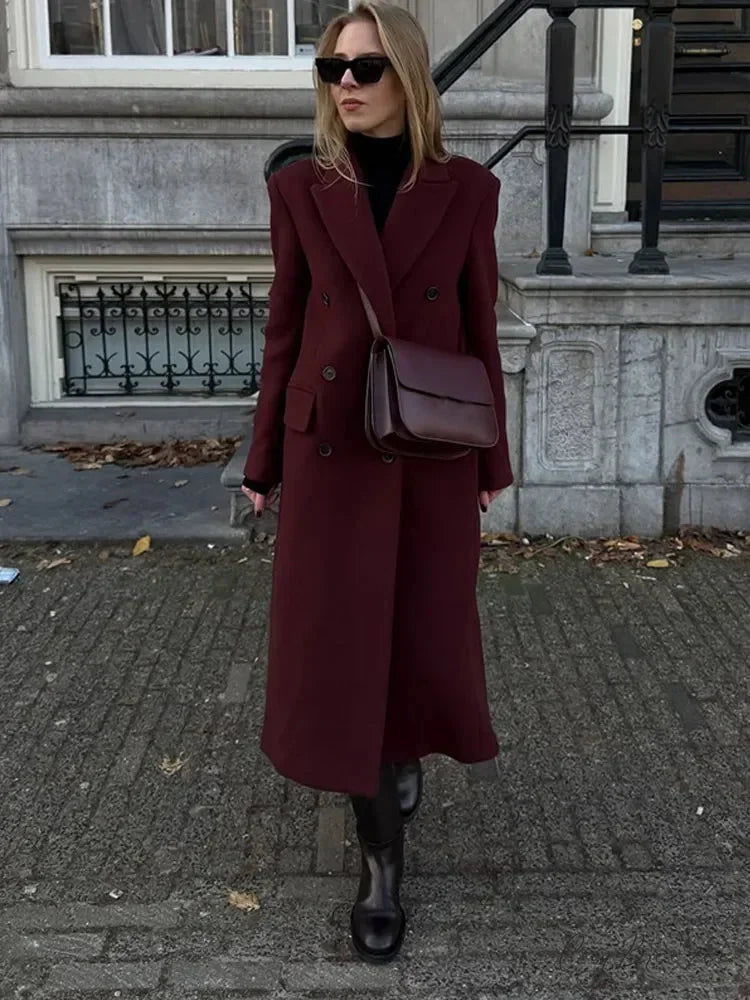 Burgundy Lapel Woolen Double-Breasted Coat overcoats-241228