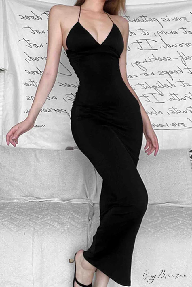 Butterfly Backless Midi Dress with Halterneck Black / L