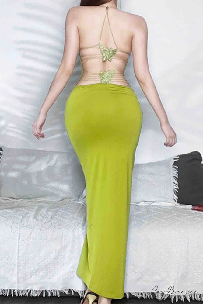 Butterfly Backless Midi Dress with Halterneck Green / S