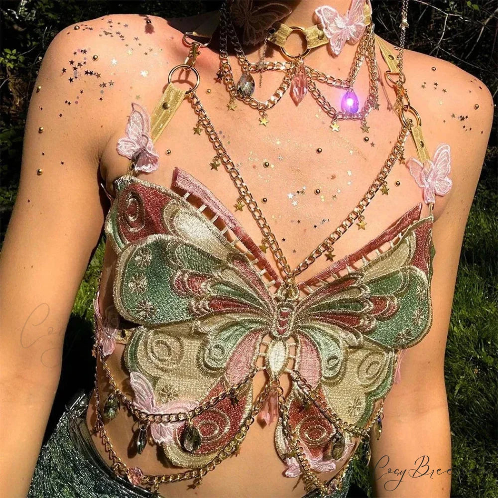 Butterfly Embroidered Crystal Chain Backless Crop Top croptop-250223
