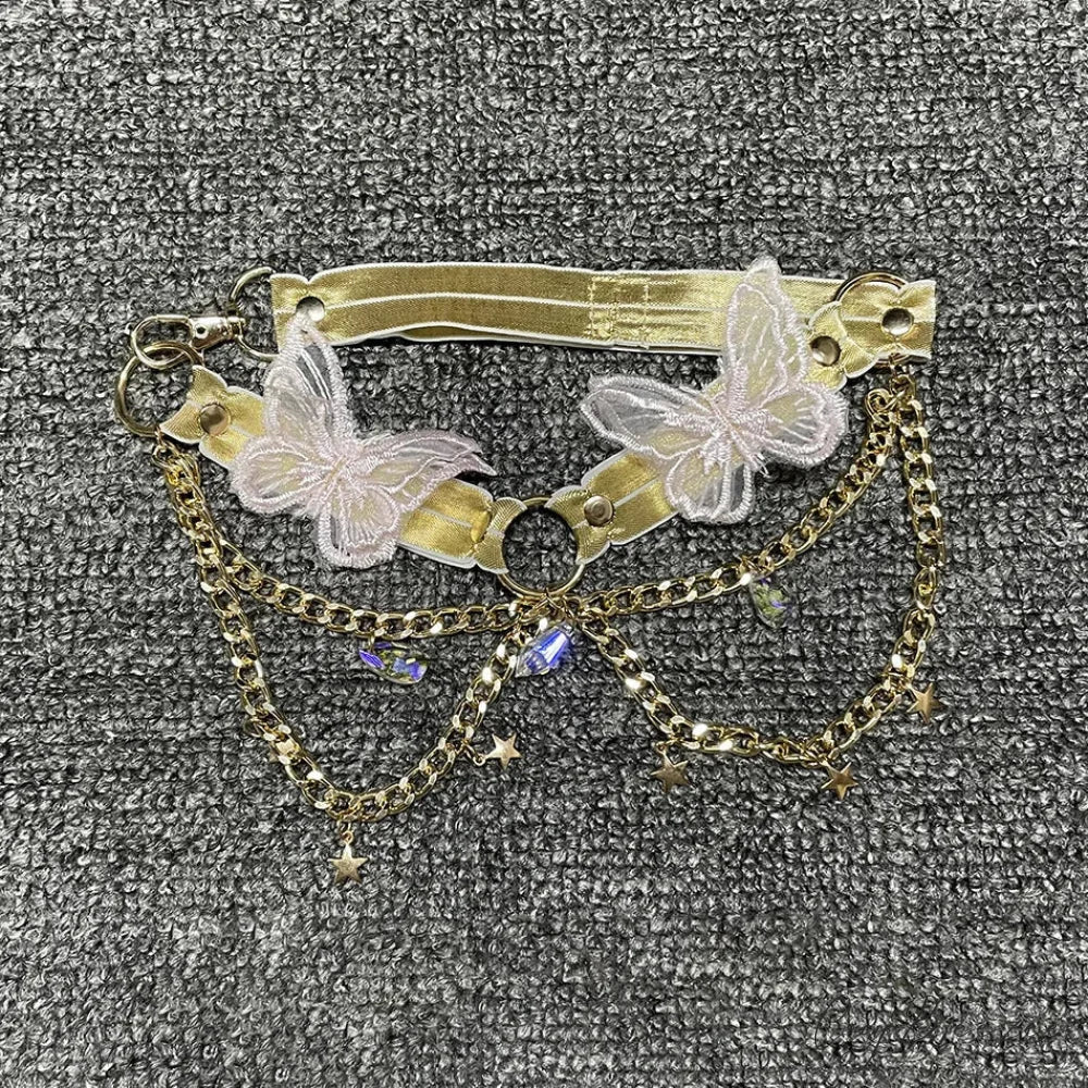 Butterfly Embroidered Crystal Chain Backless Crop Top Gold / One Size croptop-250223