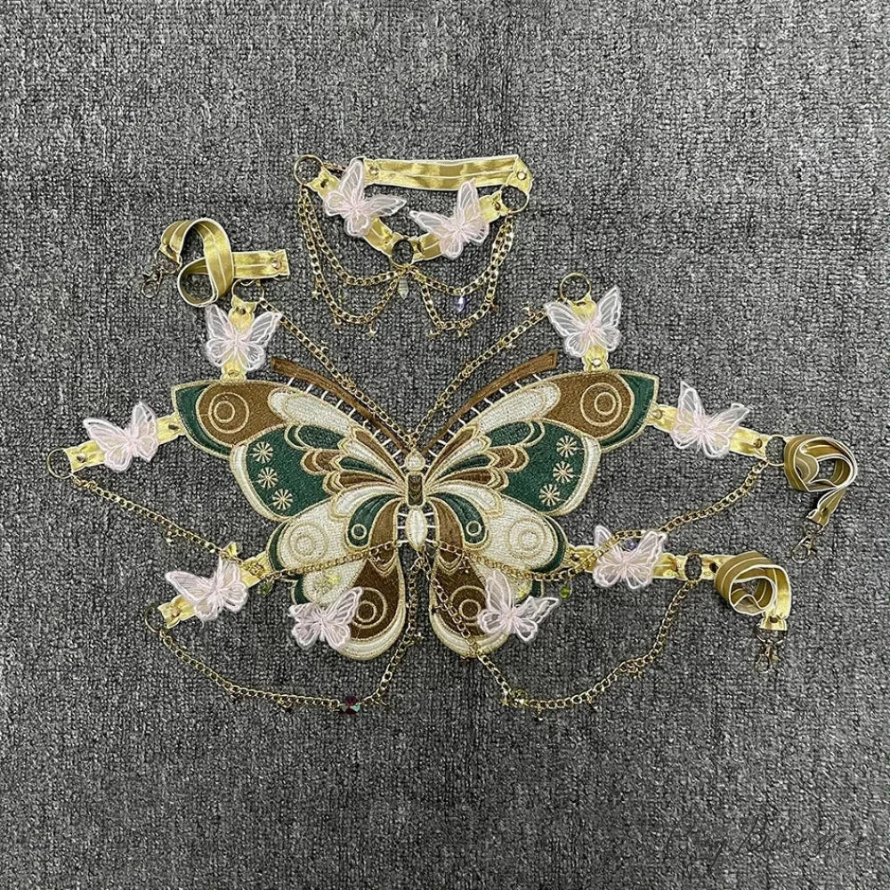Butterfly Embroidered Crystal Chain Backless Crop Top Green / One Size croptop-250223