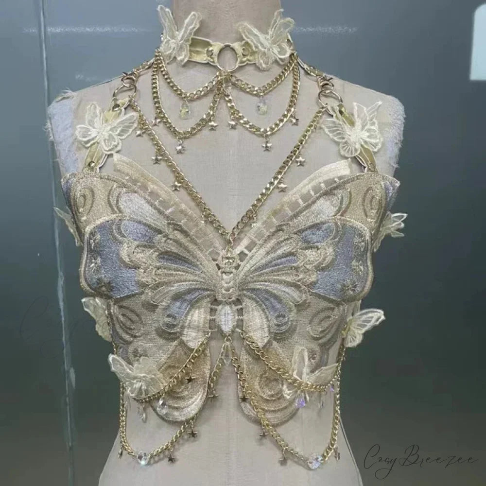 Butterfly Embroidered Crystal Chain Backless Crop Top Grey / One Size croptop-250223