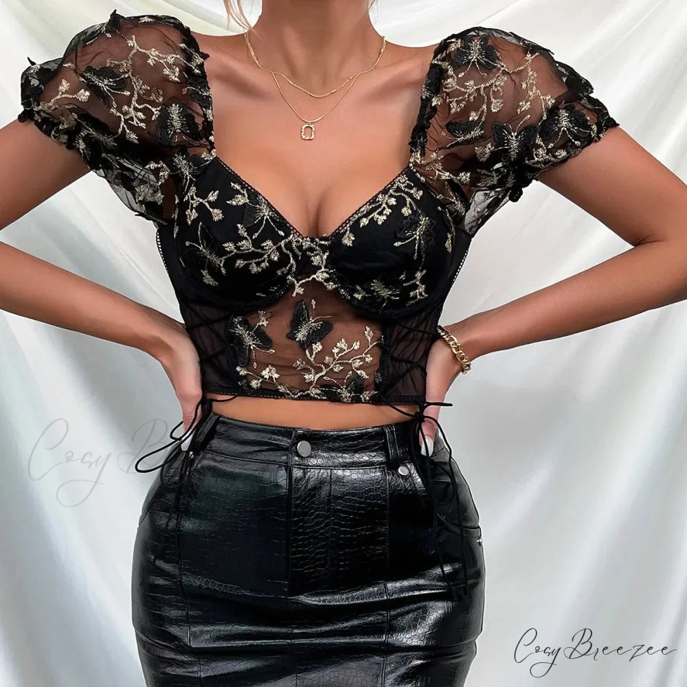 Butterfly Embroidered Mesh Puff Sleeve Lace-up Corset Top black crop top 2 / S croptop-250126
