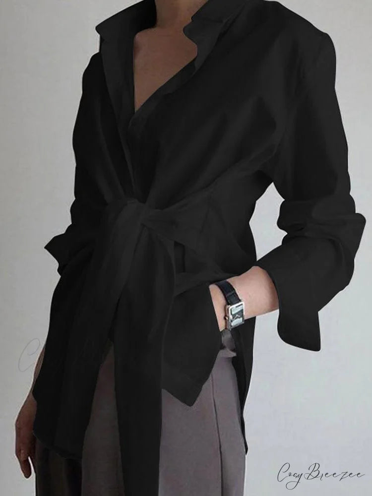 Button Down Graceful Tied Long Shirt Black / XS