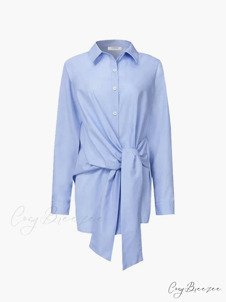 Button Down Graceful Tied Long Shirt Blue / XS