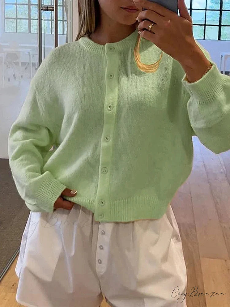 Button Down Lightweight Knit Cardigan Green / S cardigans-241228