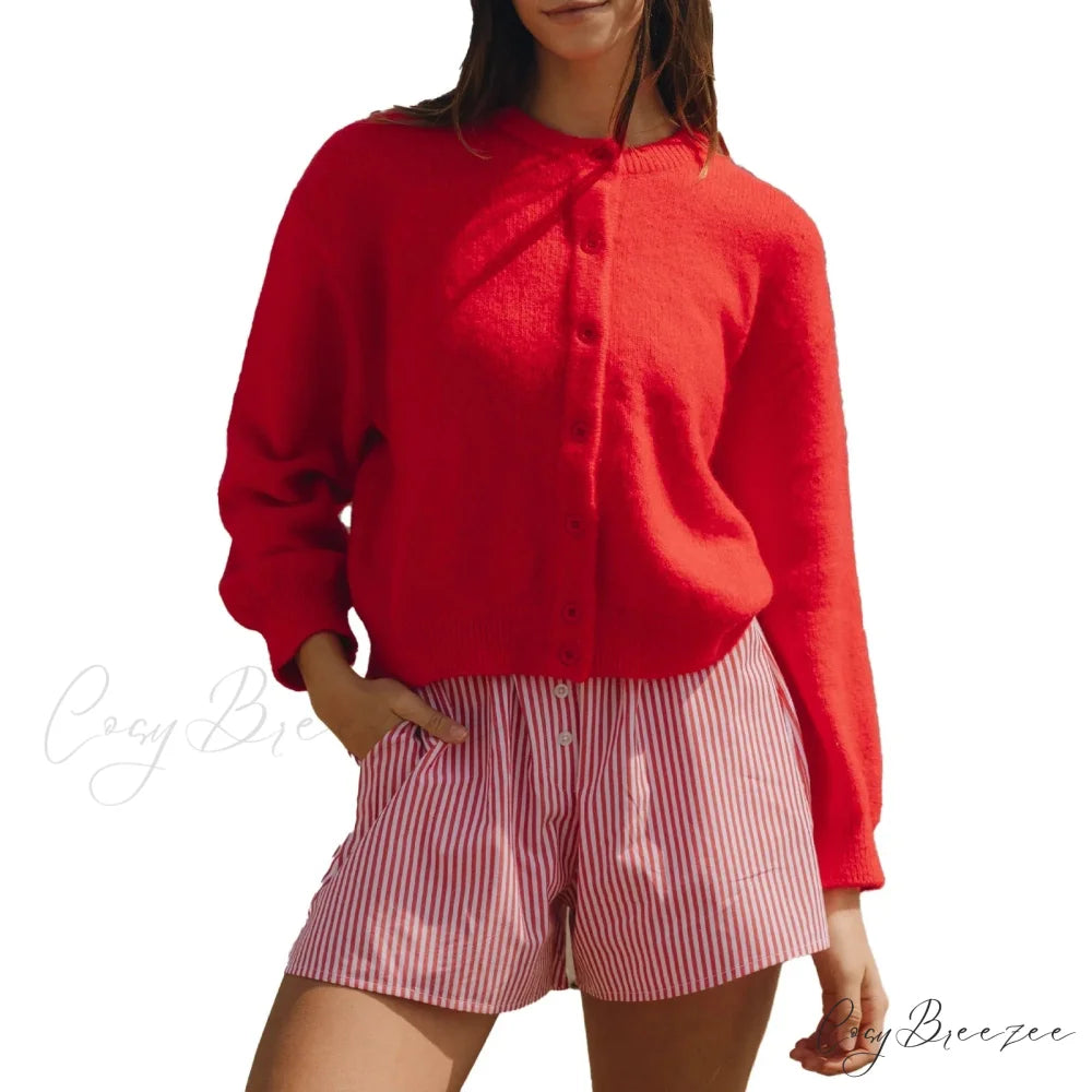 Button Down Lightweight Knit Cardigan Red / S cardigans-241228