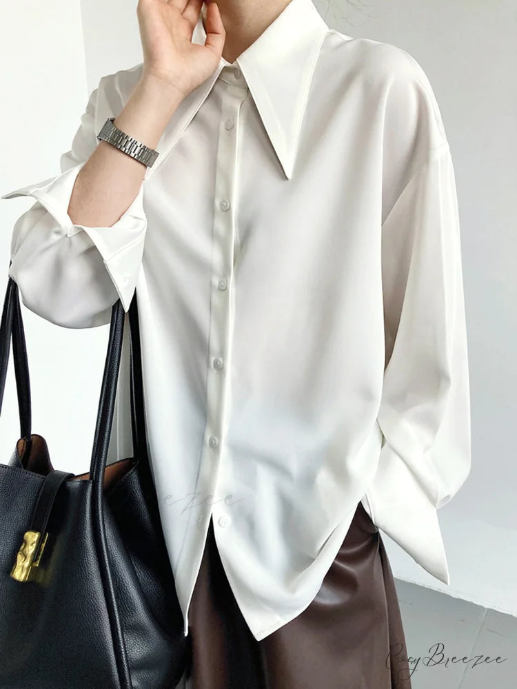 Button Down Long Trendy Sleeve Collar Shirt White / S