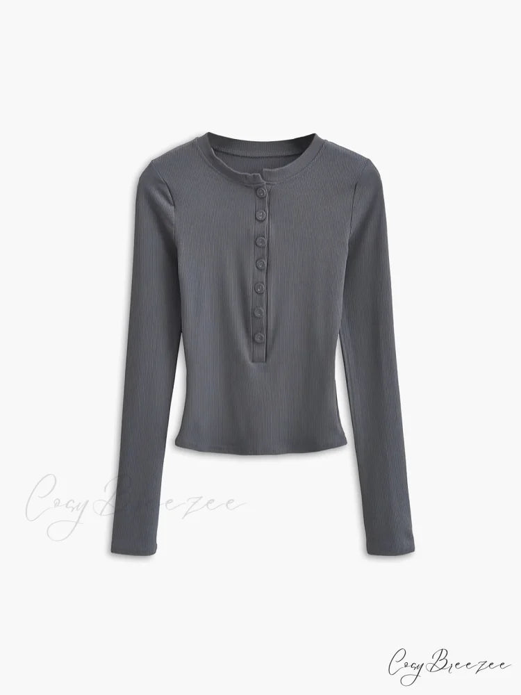Button Down Long Trendy Sleeve Crop Shirt Grey / XS