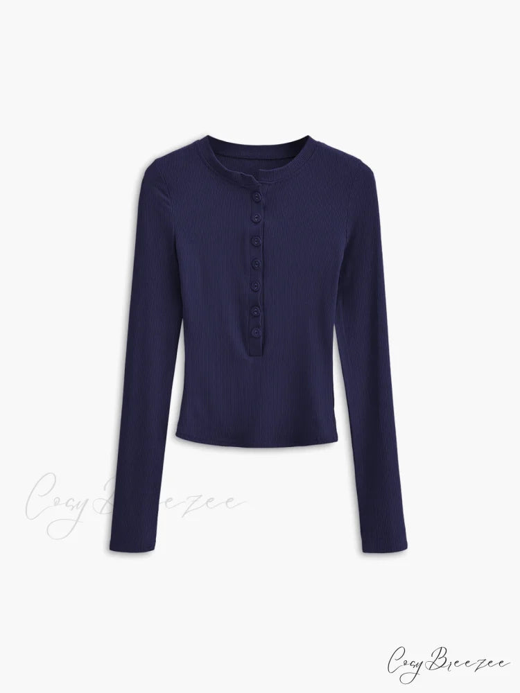 Button Down Long Trendy Sleeve Crop Shirt Navy / XS