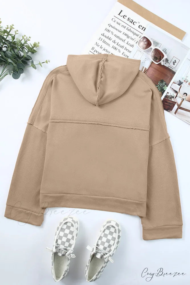 Button Khaki Solid Trim Casual Patchwork Hoodie