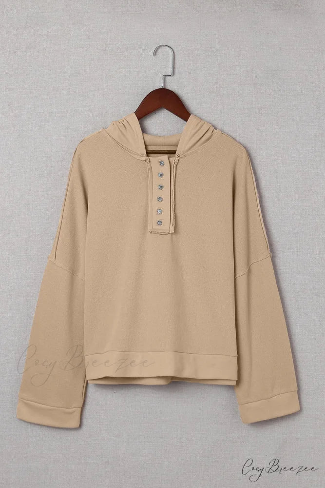 Button Khaki Solid Trim Casual Patchwork Hoodie