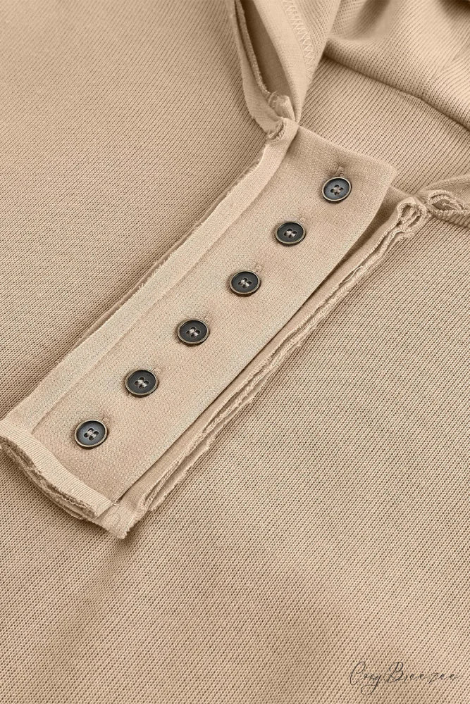 Button Khaki Solid Trim Casual Patchwork Hoodie