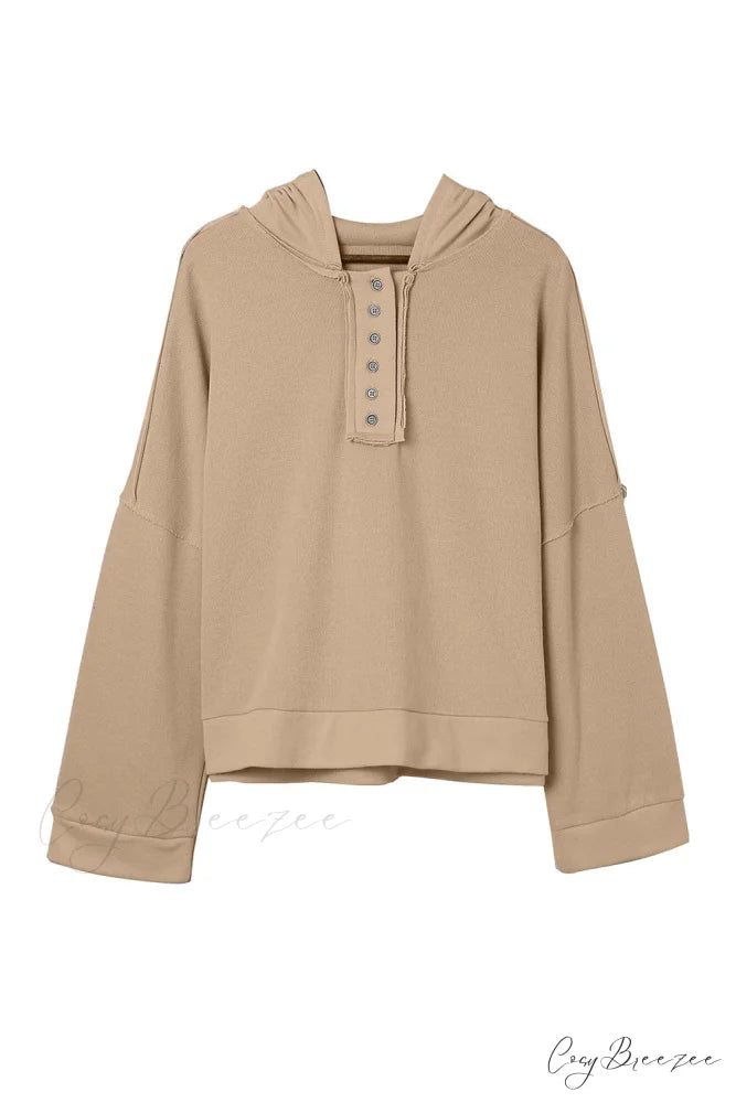 Button Khaki Solid Trim Casual Patchwork Hoodie