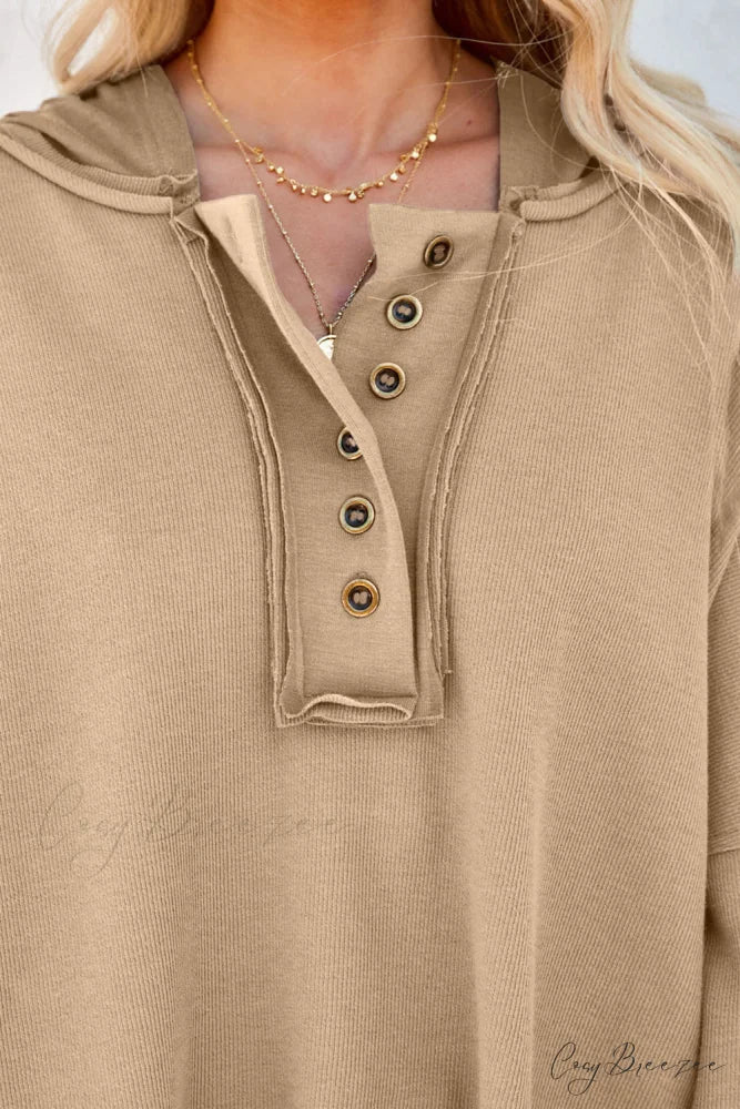 Button Khaki Solid Trim Casual Patchwork Hoodie