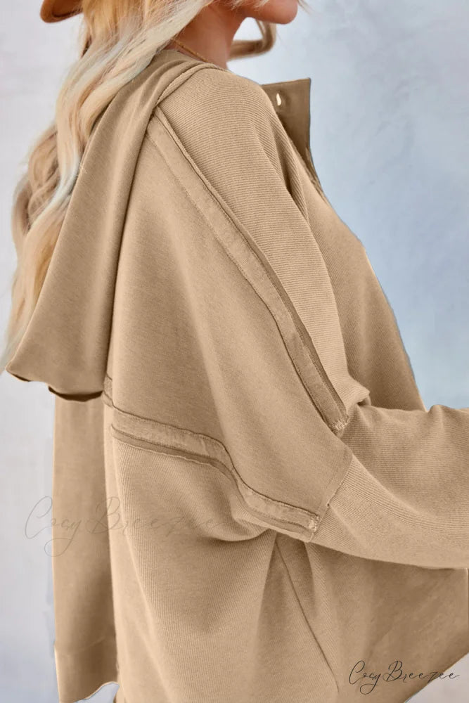 Button Khaki Solid Trim Casual Patchwork Hoodie