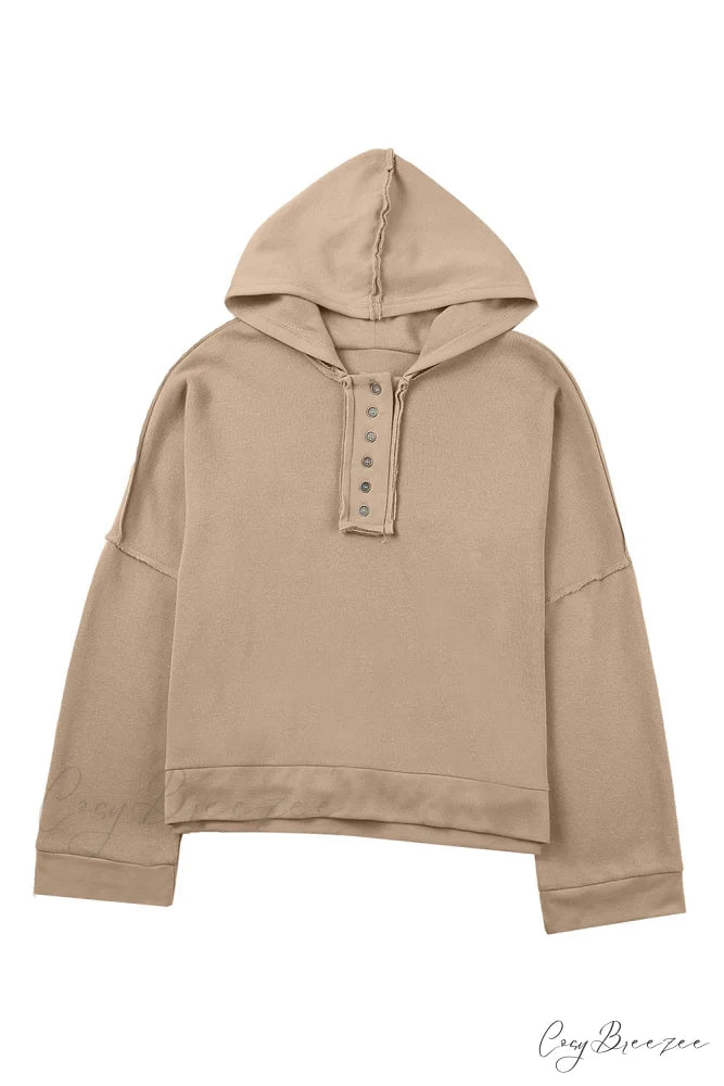 Button Khaki Solid Trim Casual Patchwork Hoodie