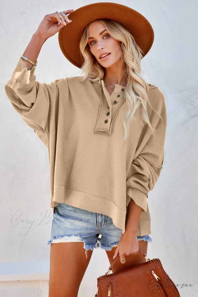 Button Khaki Solid Trim Casual Patchwork Hoodie