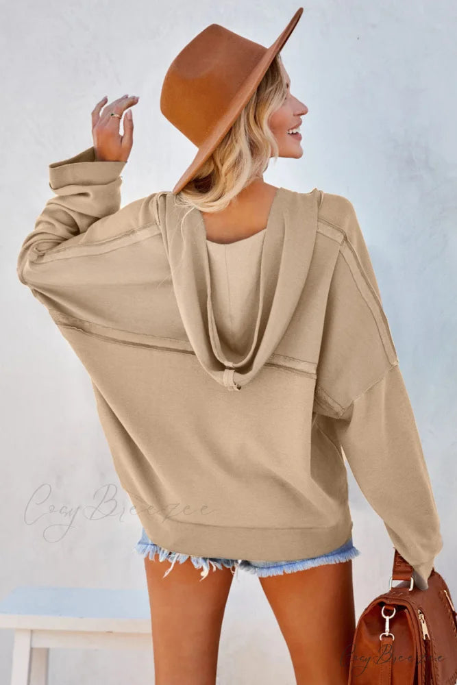 Button Khaki Solid Trim Casual Patchwork Hoodie