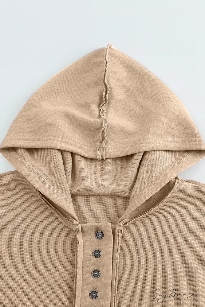 Button Khaki Solid Trim Casual Patchwork Hoodie