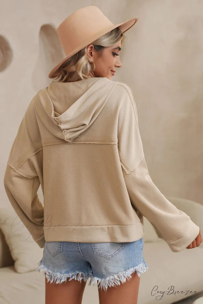 Button Khaki Solid Trim Casual Patchwork Hoodie