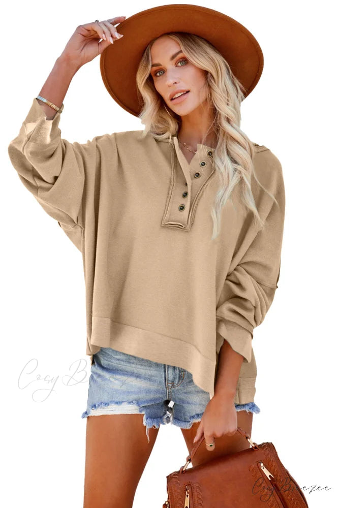 Button Khaki Solid Trim Casual Patchwork Hoodie