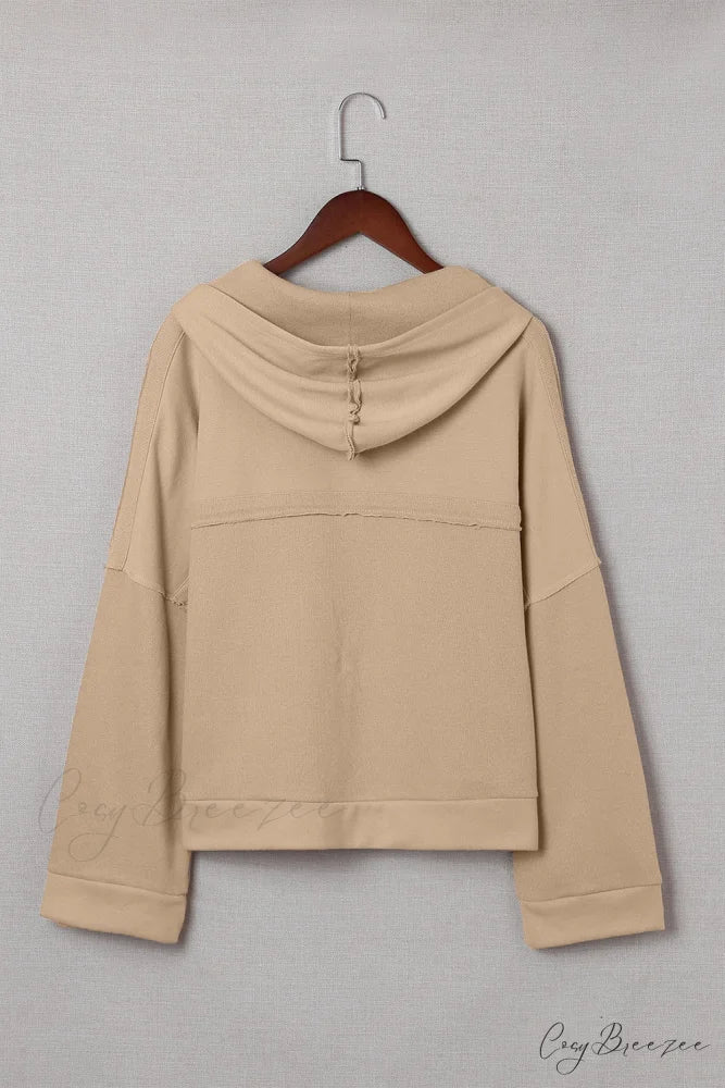 Button Khaki Solid Trim Casual Patchwork Hoodie