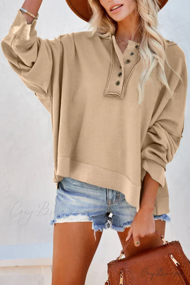 Button Khaki Solid Trim Casual Patchwork Hoodie Khaki / S / 56% Cotton + 44% Polyester