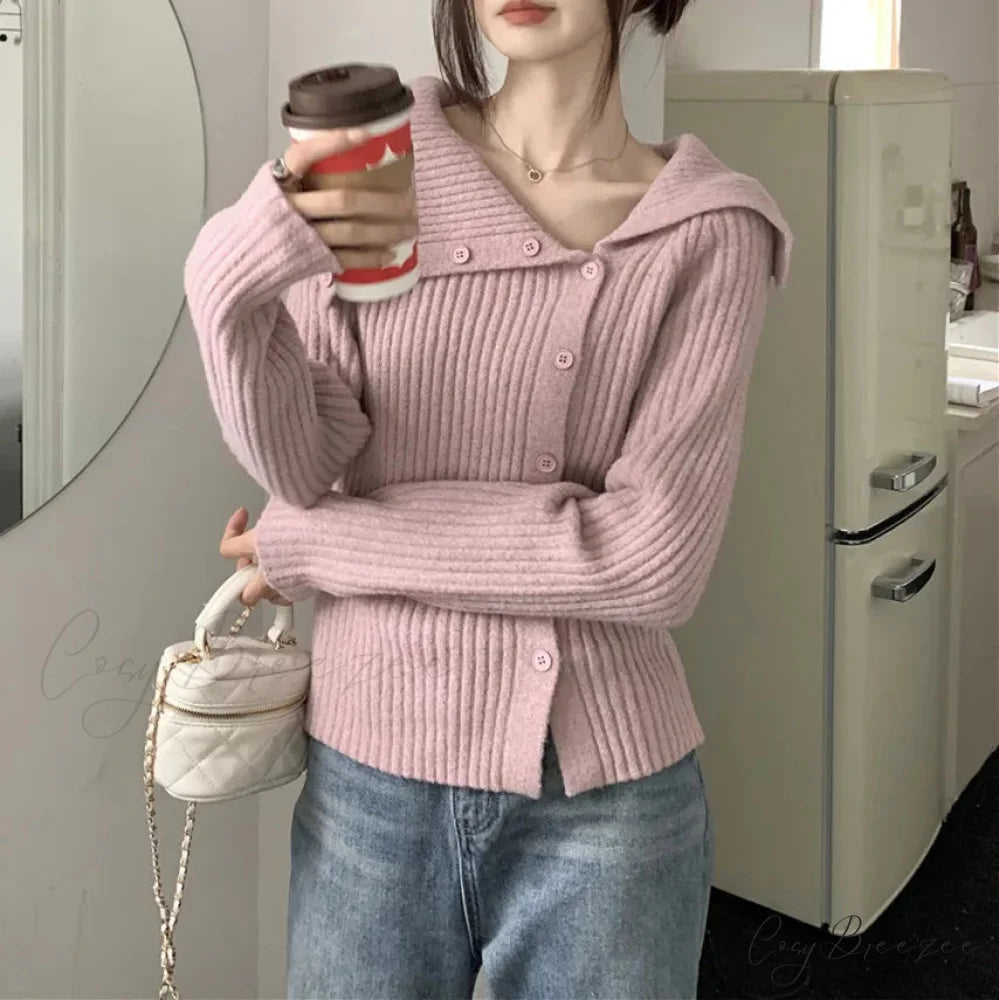 Button Off Shoulder Ash Sweater Pink / One Size swraters-241228