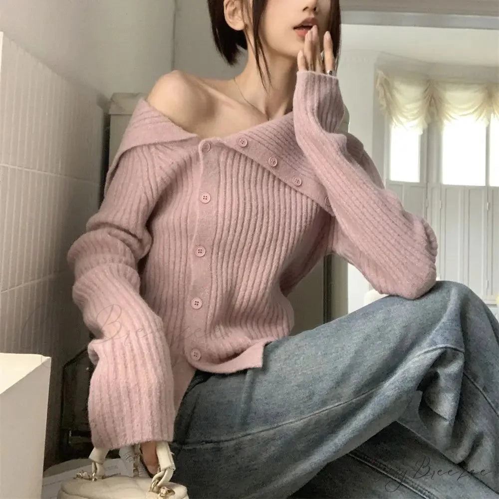 Button Off Shoulder Ash Sweater swraters-241228