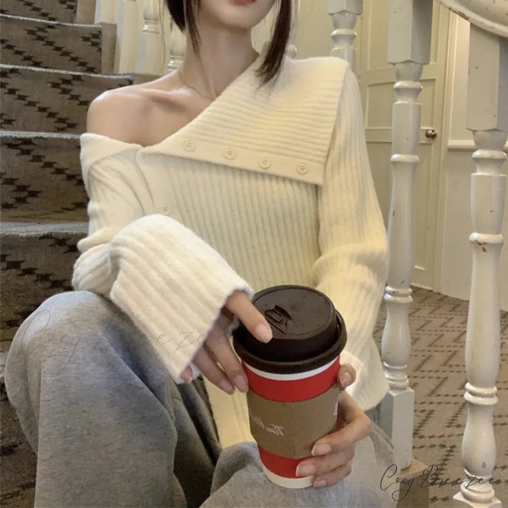 Button Off Shoulder Ash Sweater swraters-241228