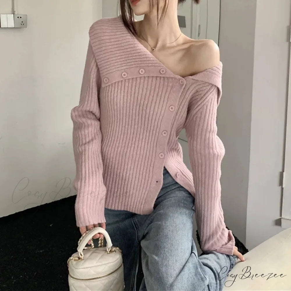 Button Off Shoulder Ash Sweater swraters-241228