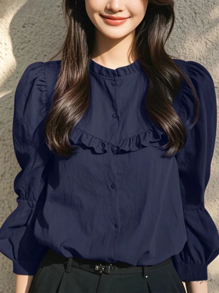 Button-up Crew-neck Puffy Sleeve Relaxed Blouse Dark Blue / S blouse-250126