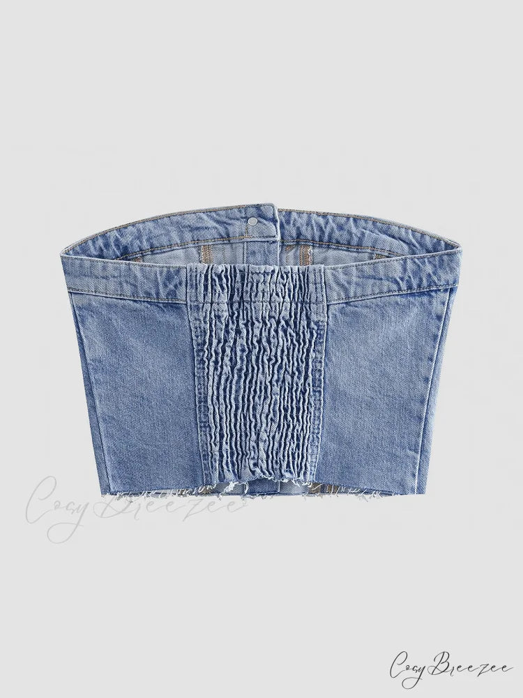 Button Up Denim Trendy Strapless Tube Top