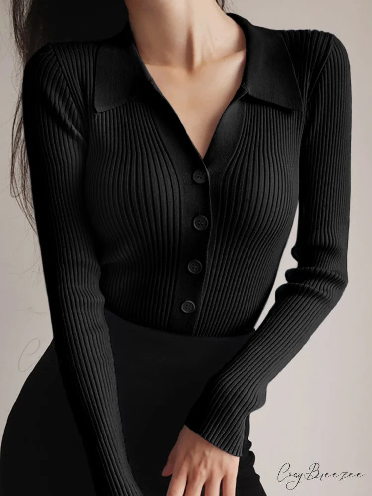 Button Up Graceful Collared Cardigan Black / XS
