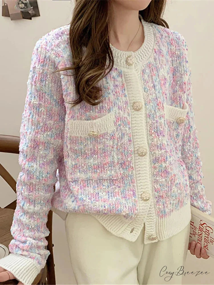 Button-Up Loose Knit Korean Style Autumn Winter Cardigan White Purple / One Size cardiagn-250126