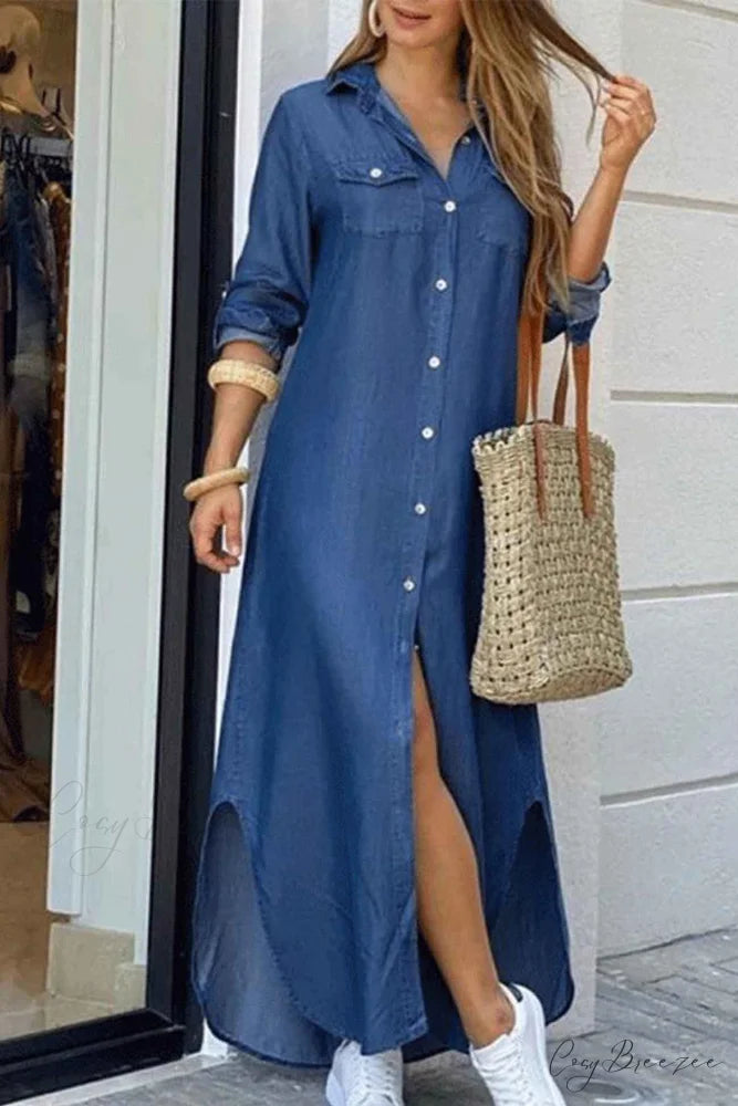 Button Up Pocket Shirt Dress - Long Sleeve Denim Blue / S