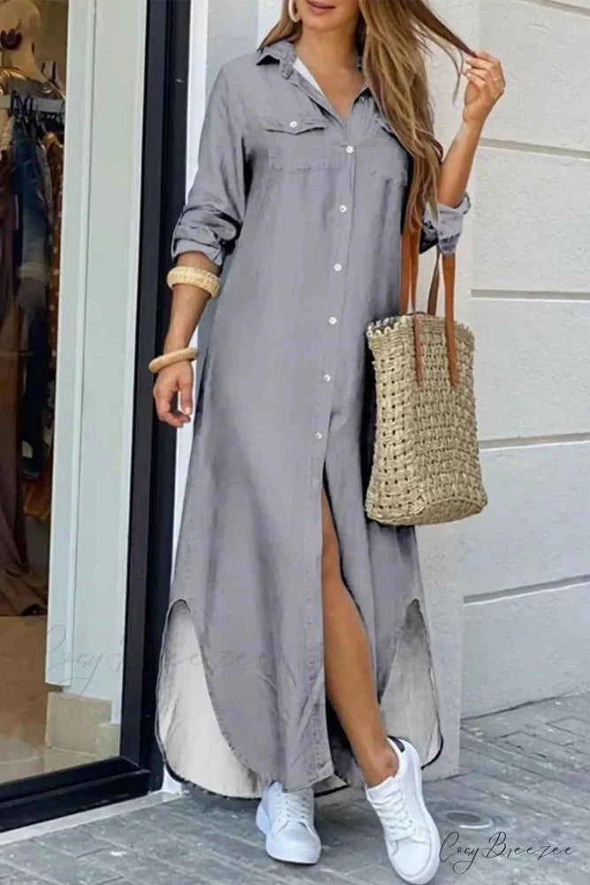 Button Up Pocket Shirt Dress - Long Sleeve Grey / S