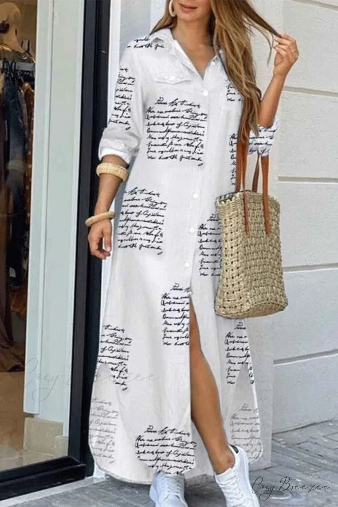 Button Up Pocket Shirt Dress - Long Sleeve Letters / S