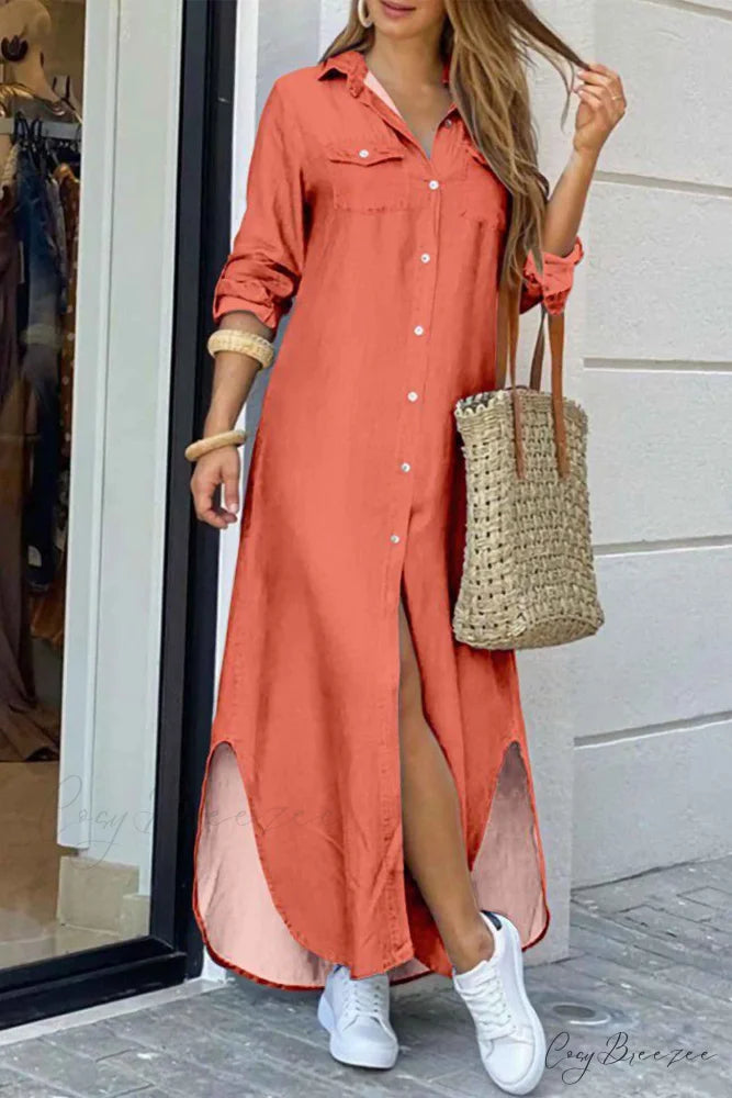Button Up Pocket Shirt Dress - Long Sleeve Orange / S