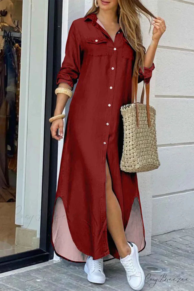 Button Up Pocket Shirt Dress - Long Sleeve Wine Red / S