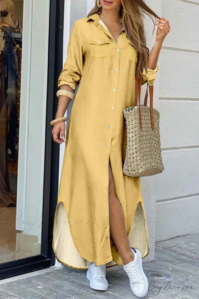 Button Up Pocket Shirt Dress - Long Sleeve Yellow / S